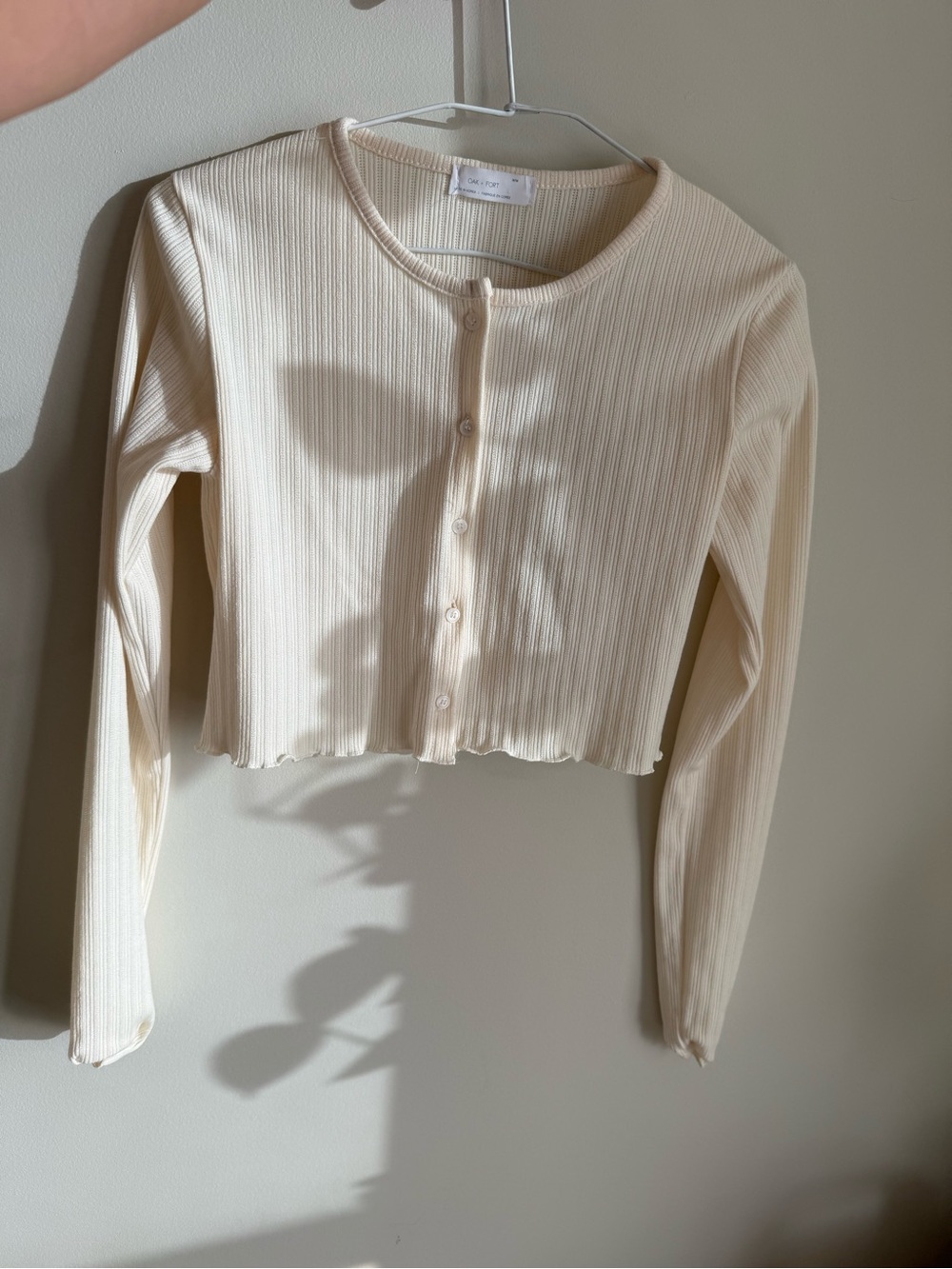 OAK + FORT Ribbed Button-Front Long Sleeve Crop Top - Cream